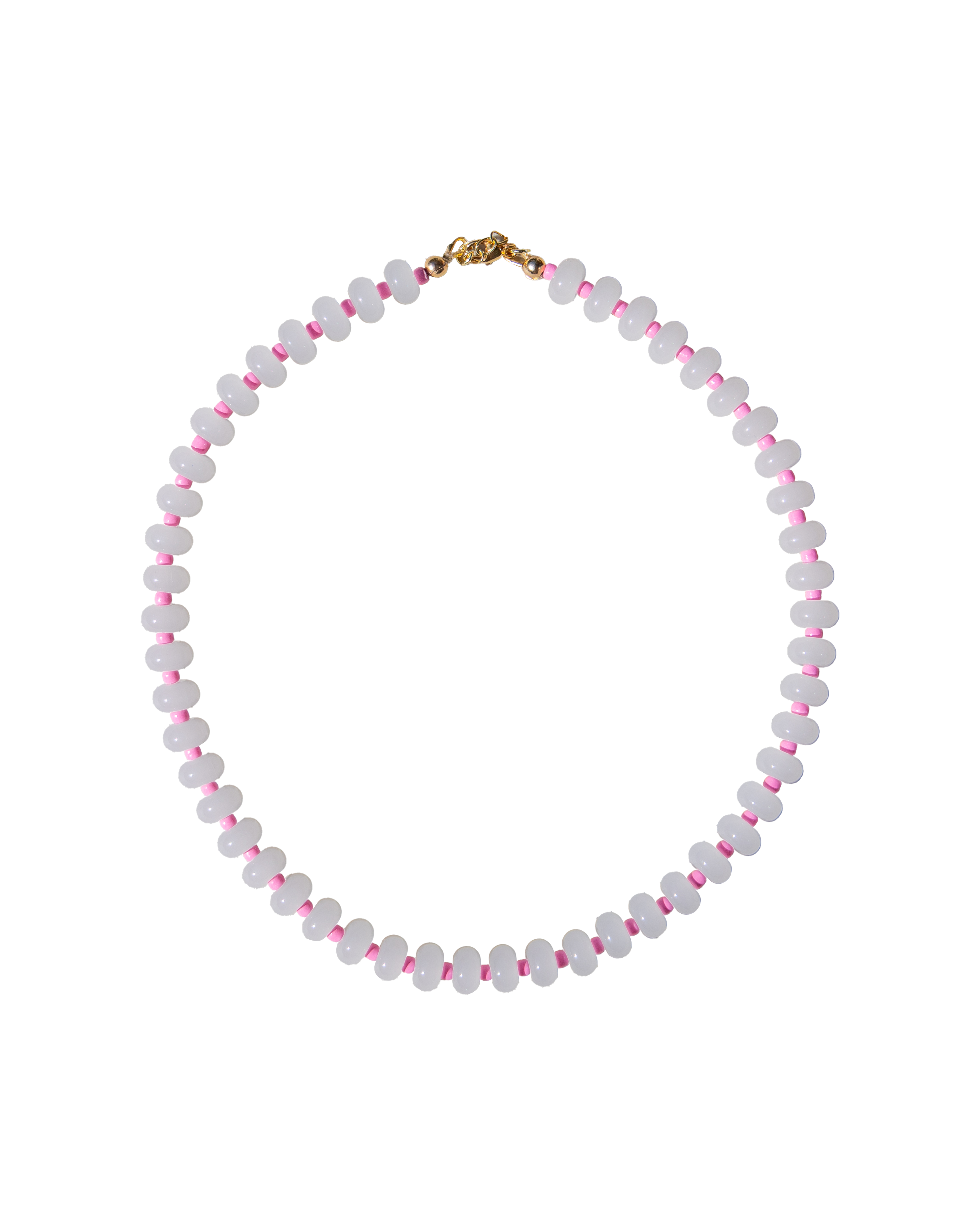 A beaded necklace made of small white beads separated by tiny pink accents, with a gold clasp, shown on a plain white background.